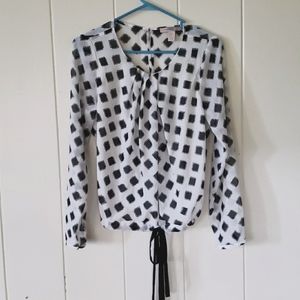Forever 21 Womens White Black Check Long Sleeve w Cinch Tie Drop Waist M